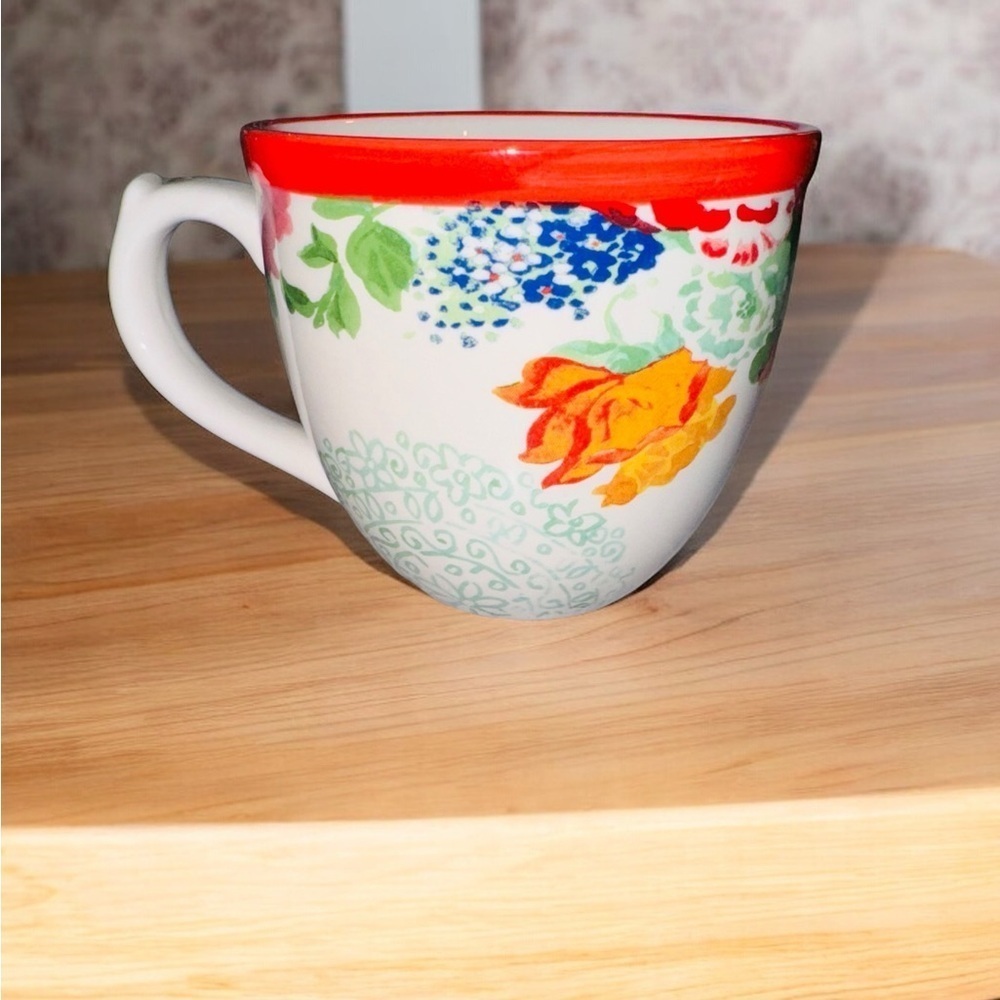 Pioneer Woman 17 Oz Country Garden Coffee Mug Flowers Stoneware Red Rim